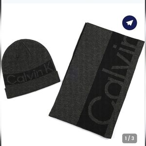 NWT Calvin Klein Beanie Hat and Scarf One Size Fits Most Grey & Black Unisex